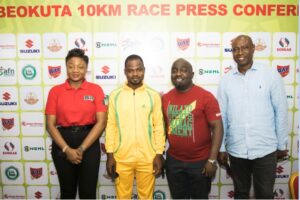 From Left: Brand Manager of Rite Foods, Boluwatife Adedugbe; with Ogun State Commissioner for Youth and Sports, Dr. Kehinde Oluwadare; the Managing Director and Chief Executive Officer of Nilayo Sports Management Limited, Mr. Bukola Olopade; and the General Manager, Bigi Abeokuta Marathon, Dr. Yusuf Alli; at the press conference in Abeokuta on Tuesday, September 14, 2021, announcing the Bigi Sponsored Abeokuta 10km Marathon slated for November 13, 2021.