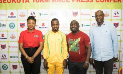 From Left: Brand Manager of Rite Foods, Boluwatife Adedugbe; with Ogun State Commissioner for Youth and Sports, Dr. Kehinde Oluwadare; the Managing Director and Chief Executive Officer of Nilayo Sports Management Limited, Mr. Bukola Olopade; and the General Manager, Bigi Abeokuta Marathon, Dr. Yusuf Alli; at the press conference in Abeokuta on Tuesday, September 14, 2021, announcing the Bigi Sponsored Abeokuta 10km Marathon slated for November 13, 2021.