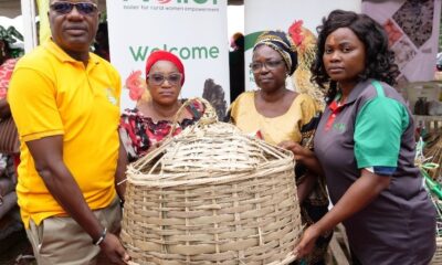 From Left: Ade Osilalu, Director of Livestock Services, Ministry of Agriculture, Ogun State; with Omotayo Abiodun Ogungbayi; Lawal Moriam Aduke, both beneficiaries of 10 Noiler Birds, a bag of Amo Byng Grower Pellet, and a pack of Divertamin each; and Olayinka Akorede, Noiler Sales Coordinator, Amo Farm Sieberer Hatchery Limited; during the launch of the South-west chapter of the Renewed Hope Initiative (RHI) by Nigeria’s First Lady, Her Excellency, Senator Oluremi Tinubu, where Amo Farm supported with 1,000 Noiler Birds, 100 bags of 12.5 kg Amo Byng Grower Pellet, and 100 packs of Divertamin for 100 women each, on Tuesday, 16th April, 2024, in Abeokuta, Ogun State.