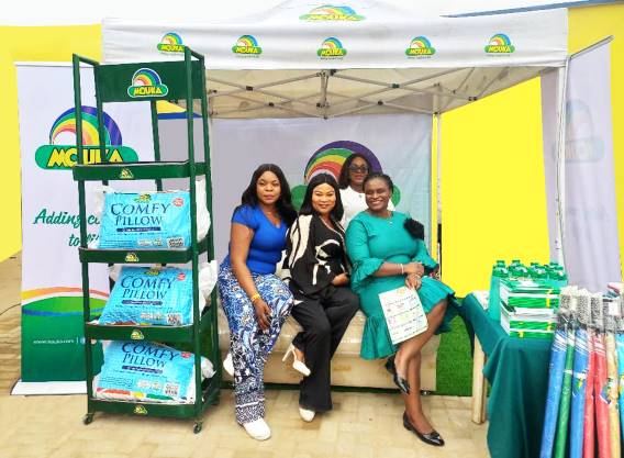 From Left: Memuna Idegwu, Trade Marketing Manager, Mouka; with Sola Sobowale, Mouka Brand Ambassador; Chinwe Remi-Lawal, National Retail Manager, Mouka; and Omotolani Tijani, Brand Manager, Mouka; during the opening of the company’s grand Justrite outlet in the Eleyele area of Ibadan, Oyo State. on Tuesday, 15th April 2024.