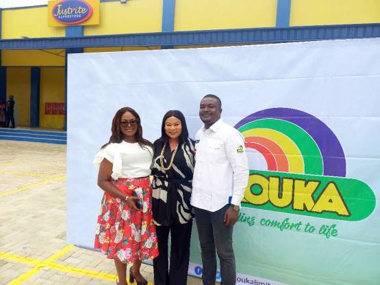 From Left: Chinwe Remi-Lawal, National Retail Manager, Mouka; with Sola Sobowale - Mouka Brand Ambassador; and James Alabi, Business Partner Manage; during the opening of the company’s grand Justrite outlet in the Eleyele area of Ibadan, Oyo State. on Tuesday, 15th April 2024.