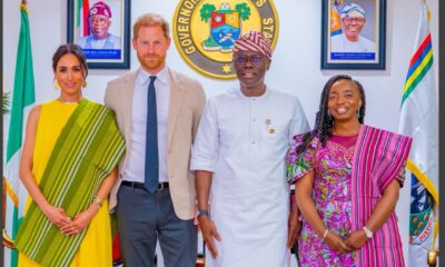 L-R: Duchess of Sussex, Meghan Markle; the Duke, Prince Harry; Governor of Lagos State, Babajide Sanwo-Olu and the First Lady, Dr. Ibijoke Sanwo-Olu during a courtesy visit by the Duke and Duchess at the Lagos House, Marina, on Sunday, May 12, 2024